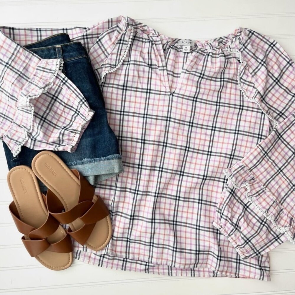 Women's J.CREW Plaid Popover Blouse Ruffle Sleeves- Size Small